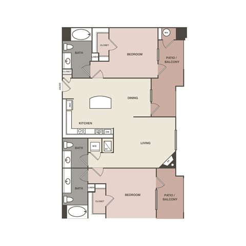 Floor plan for 2 beds, 2 baths, 1250 sqft